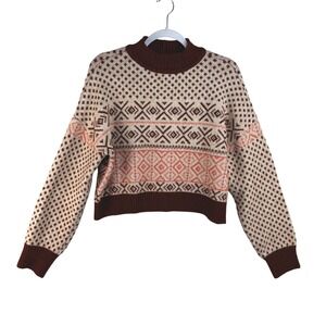 American Eagle Womens Large Brown Fair Isle Cropped Mock Neck Sweater Snowflake